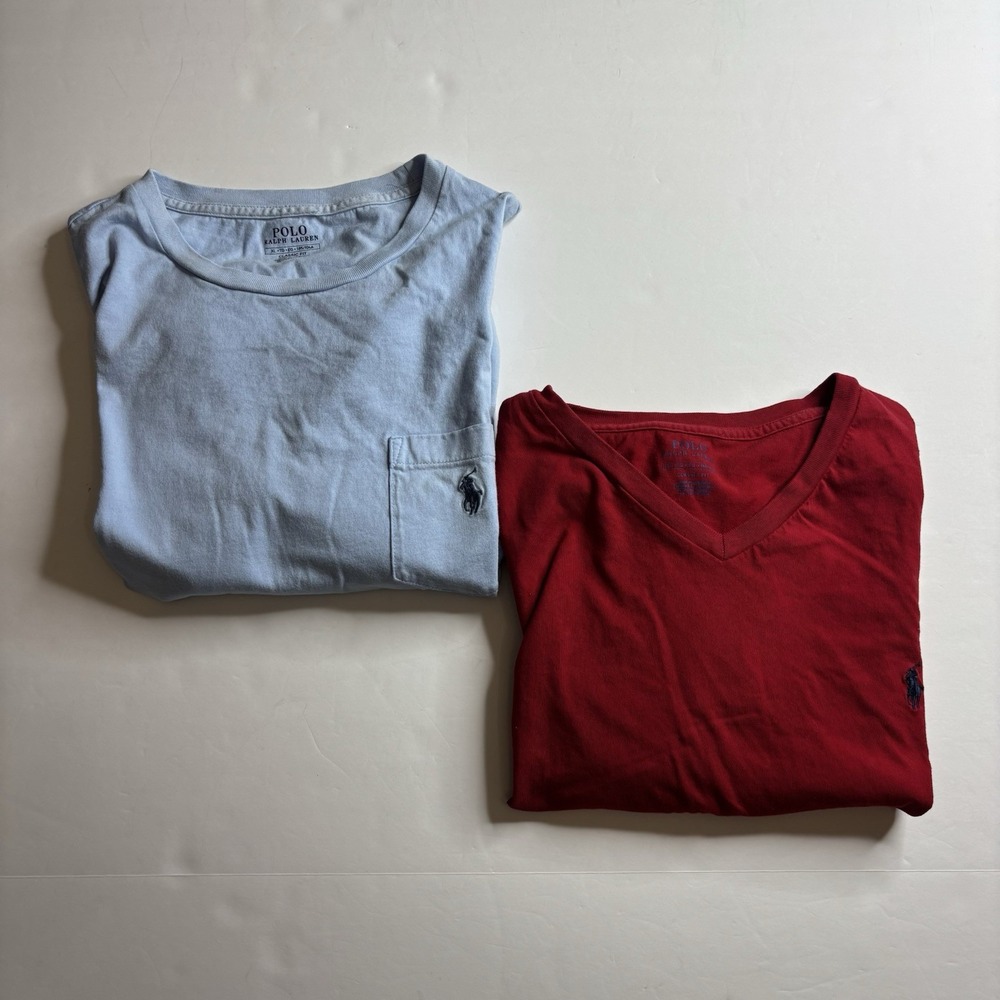 Lot Of 2 Ralph Lauren Polo Classic Fit T Shirt Sixe XL Red And Blue V Neck Crew